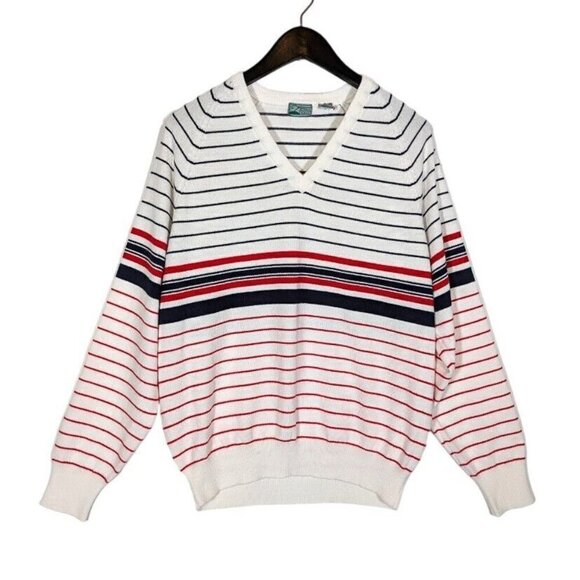 Vintage 80s Pebble Ridge Golf Sweater Women's XL V-Neck Cashmerlon Preppy Stripe - Picture 1 of 6